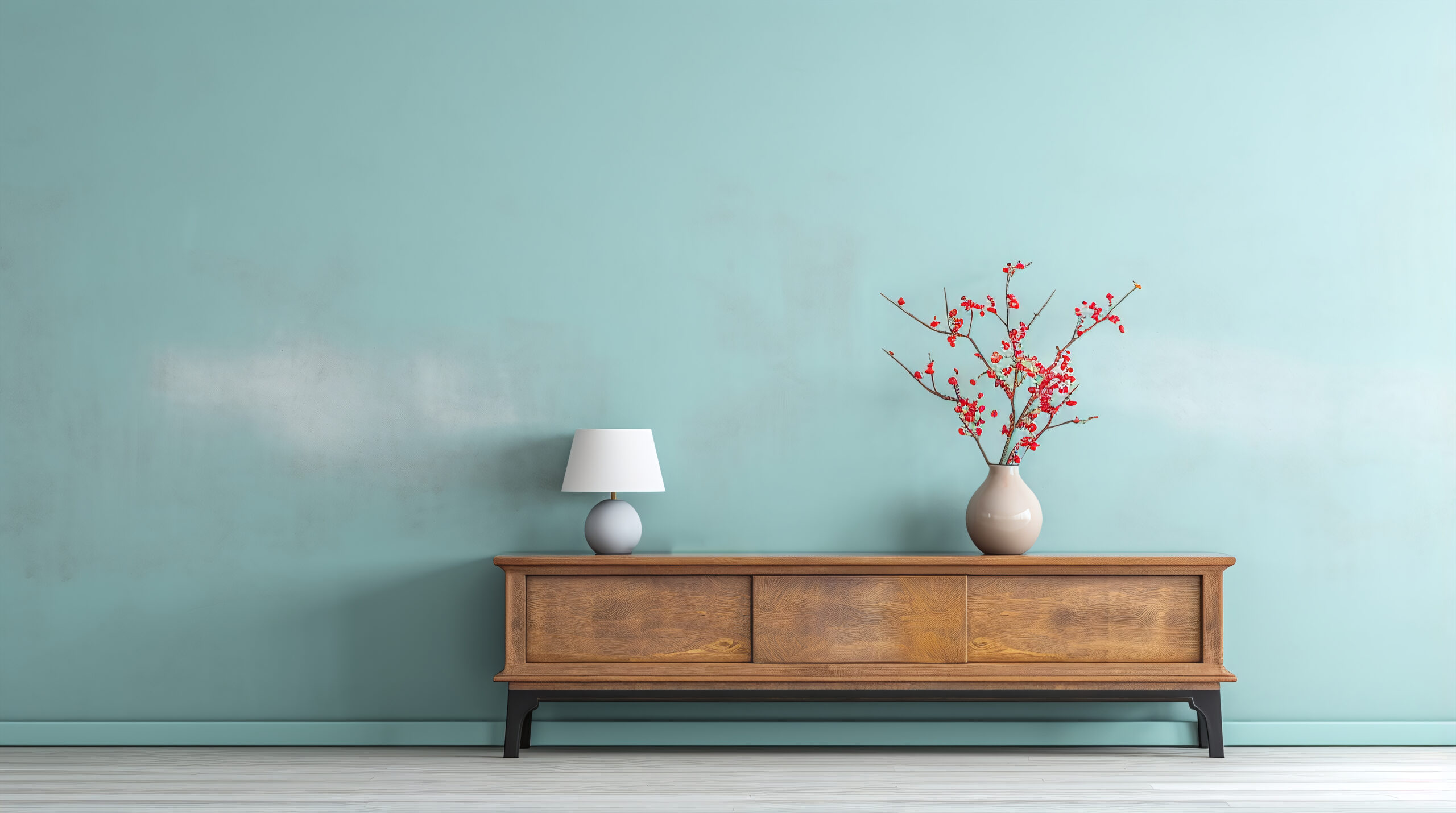 Turquoise living room wall with decor